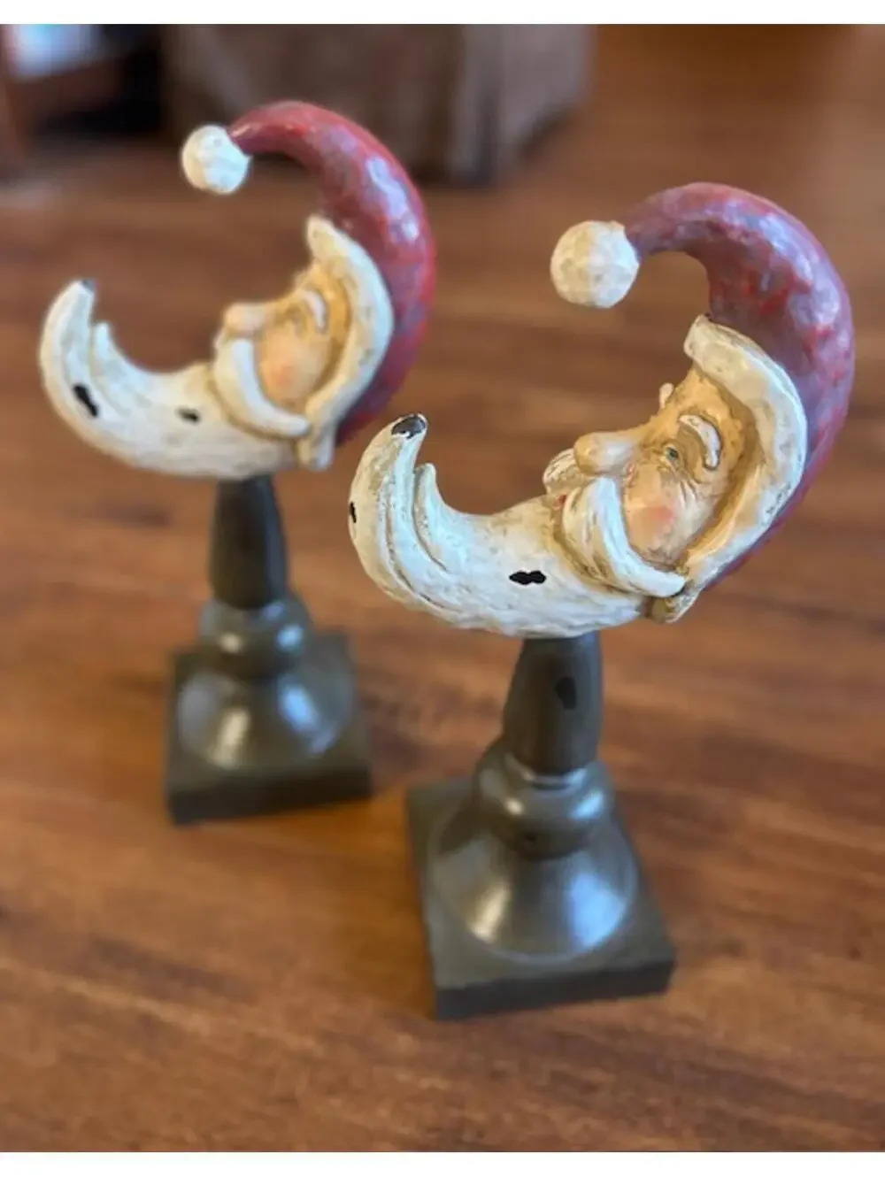 Pair of Santa Claus Decorative Figurines on Pedestal Stands